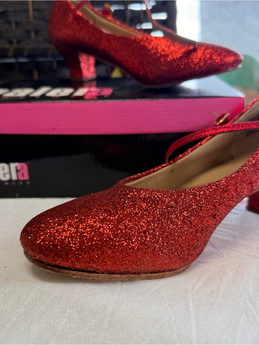 balera Red Glitter Mid Heel Mary Jane Pumps